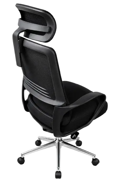 chaise_directionnelle_strada_filet_avec_accoudoirs_en_plastique_noir_et_repose_tête_piétement_métallique_chromé.webp