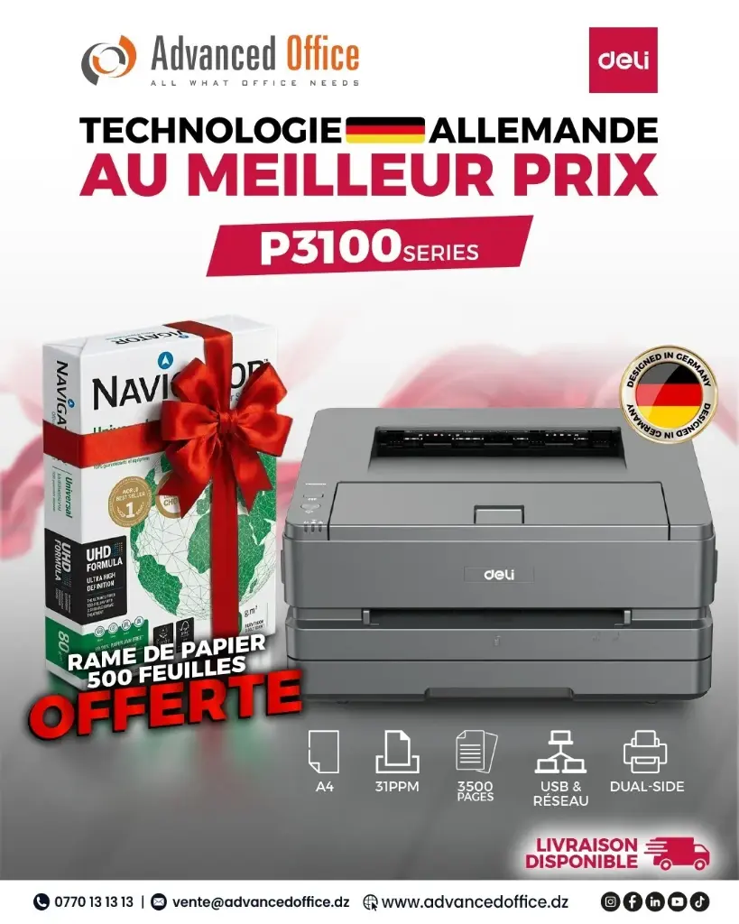 PROMO DELI - Imprimante Laser DELI P3100DS Monochrome A4 + Rame de 500 Papier Blanc NAVIGATOR A4 80g/m²