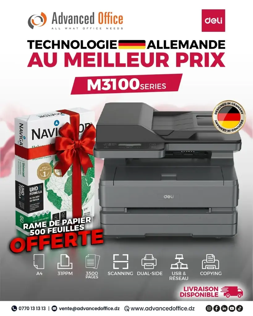 PROMO DELI - Imprimante Multifonction DELI M3100ADN Monochrome A4 +  Rame de 500 Papier Blanc NAVIGATOR A4 80g/m²