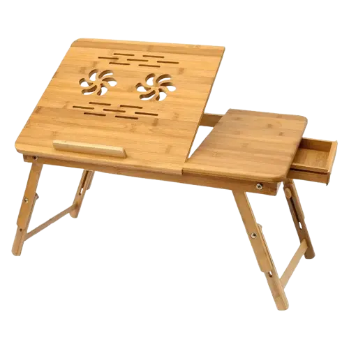 Support pour Laptop Table en Bois de Bambou CRYSTAL GM 58.5 x 35.5 x 5.0cm Marron Clair Refroidisseur Intégré Piètements à Hauteur Ajustable Tiroir de Rangement 