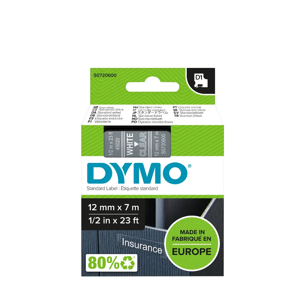 Recharge DYMO D1 45020 pour Label Manger 100+/150 Blanc Sur Transparent  12 mm x 7m
