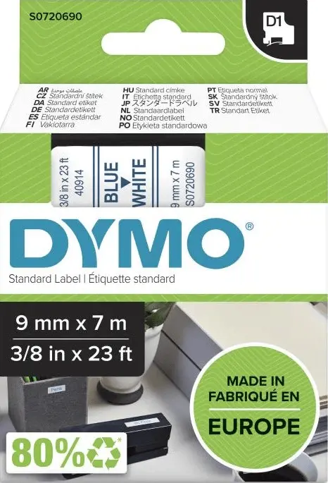 Recharge DYMO D1 40914 pour Label Manager 100+/150 9mm x 7m Bleu Sur Blanc