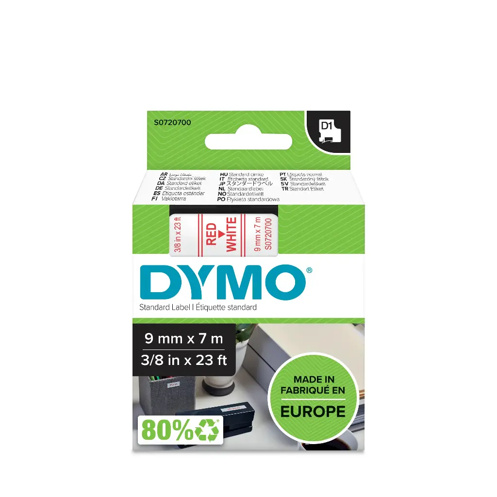 Recharge DYMO D1 40915 pour Label Manager 100+/150 9mmx7m Rouge Sur Blanc
