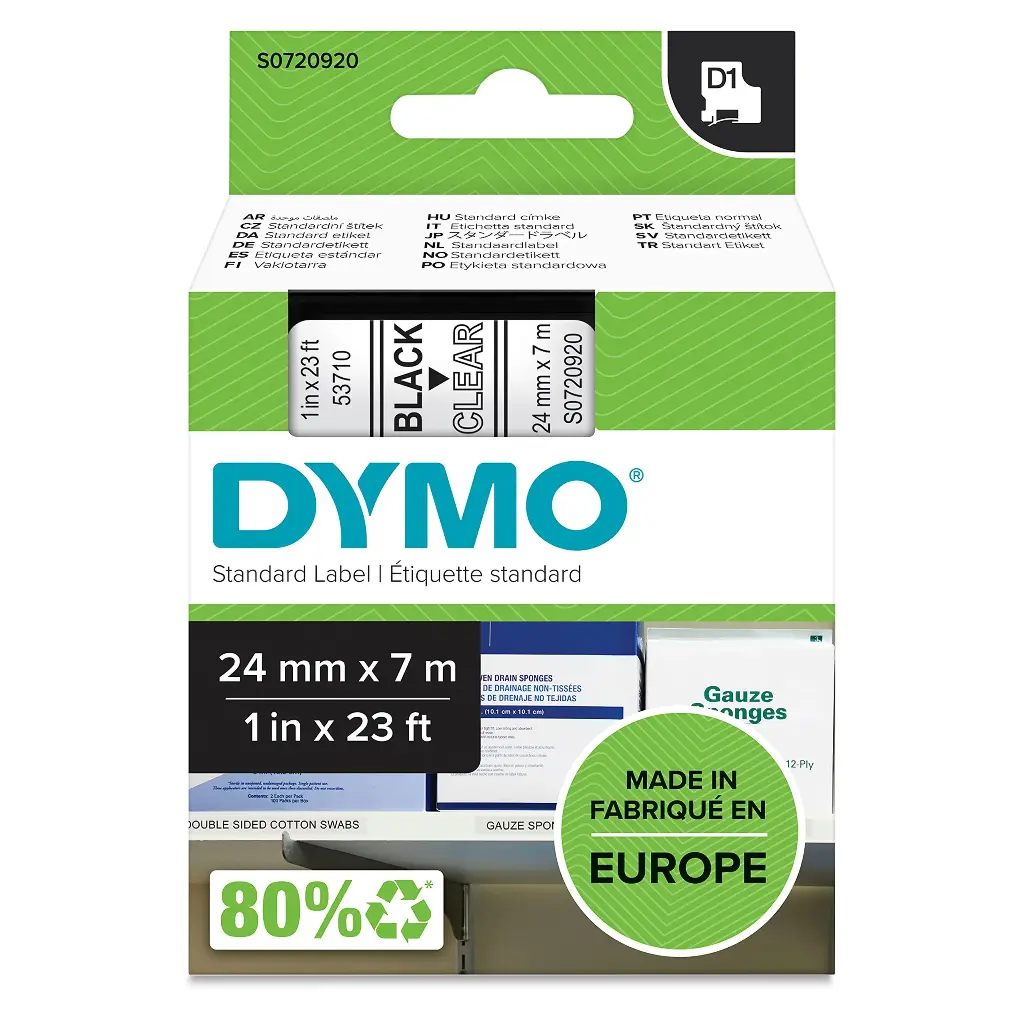 Recharge DYMO D1 53710 pour Label Manager PC 10/ 300/ 400/ 450 Series/ 500 TS Labelwriter 400 Duo     
24mmx7m Noir Sur Transparent