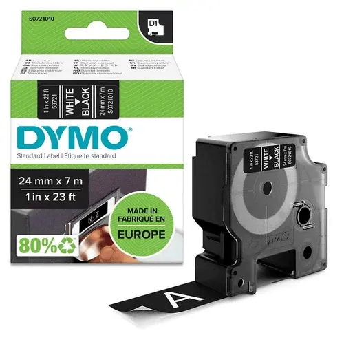 Recharge DYMO D1 53721 pour Label Manager PC 10/ 300/ 400/ 450 Series/ 500 TS Labelwriter 400 Duo     24mmx7m Blanc Sur Noir