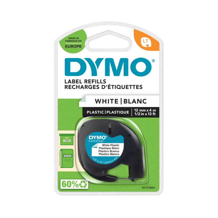 Recharge DYMO 91221 LT en Plastique Noir sur Blanc pour LetraTag 2000 LT 100 Séries QX 50 XM/ XR