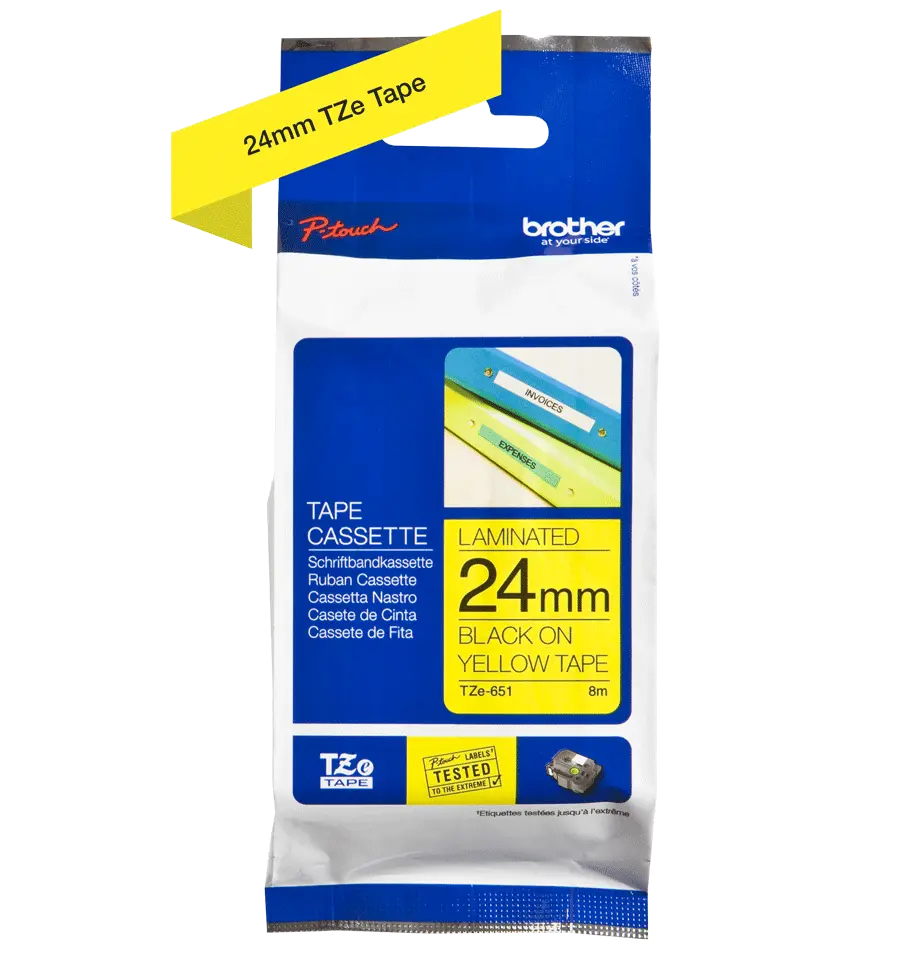 Ruban BROTHER TZE651 Noir sur Jaune 24mm 