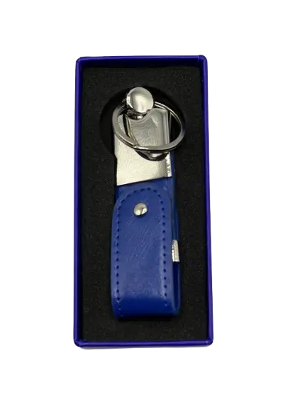 Clé USB 32Go Rotative Chrome en Cuir Bleu en Boite