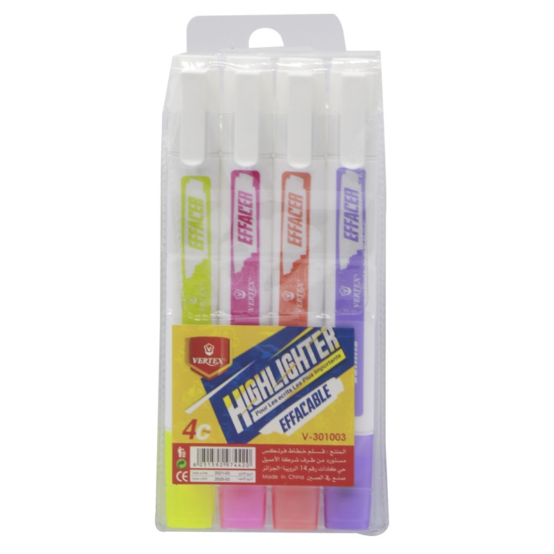 Marqueur Fluorescent VERTEX Effaçable Double tête Feutre/Effaceur Multi-Couleurs Jeu de 04