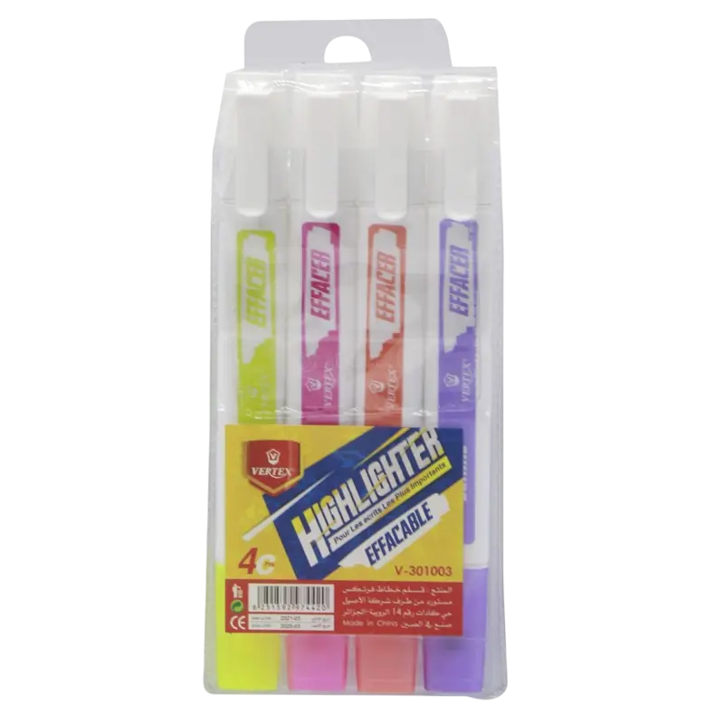 Marqueur Fluorescent VERTEX Effaçable Double tête Feutre/Effaceur Multi-Couleurs Jeu de 04