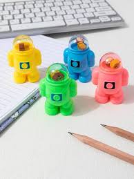 Taille Crayon Ecolier VERTEX Astronaute avec Réservoir Multi-Couleurs avec 2 Mini Gomme Tête de Grenouille et Singe