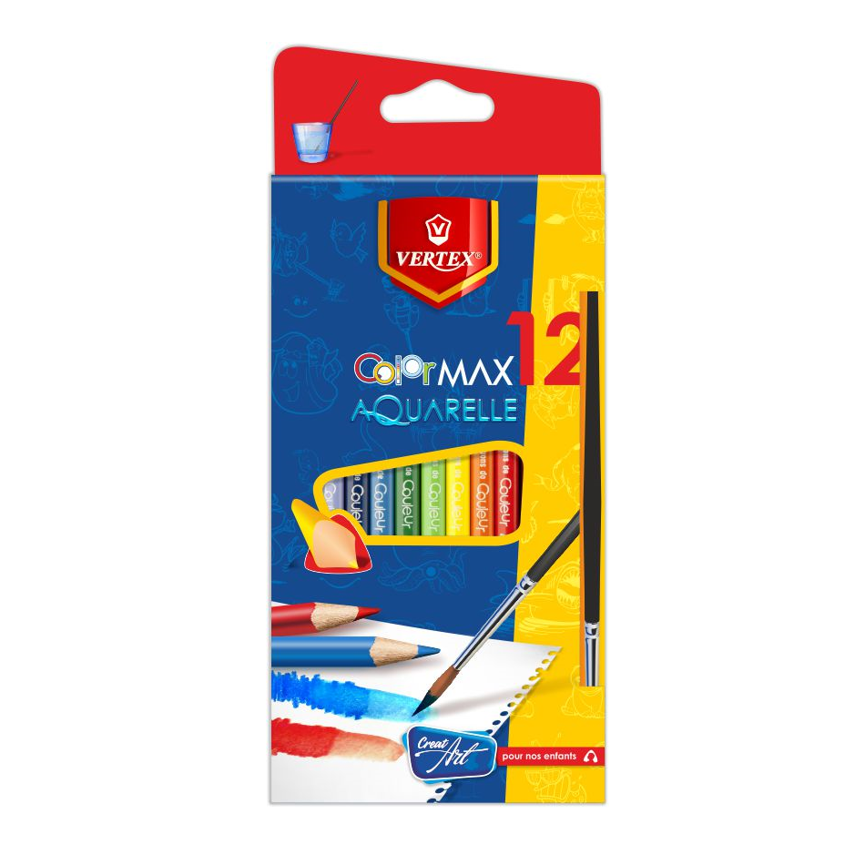 Crayons De Couleur VERTEX Aquarelle Boite De 12 Avec Pinceau