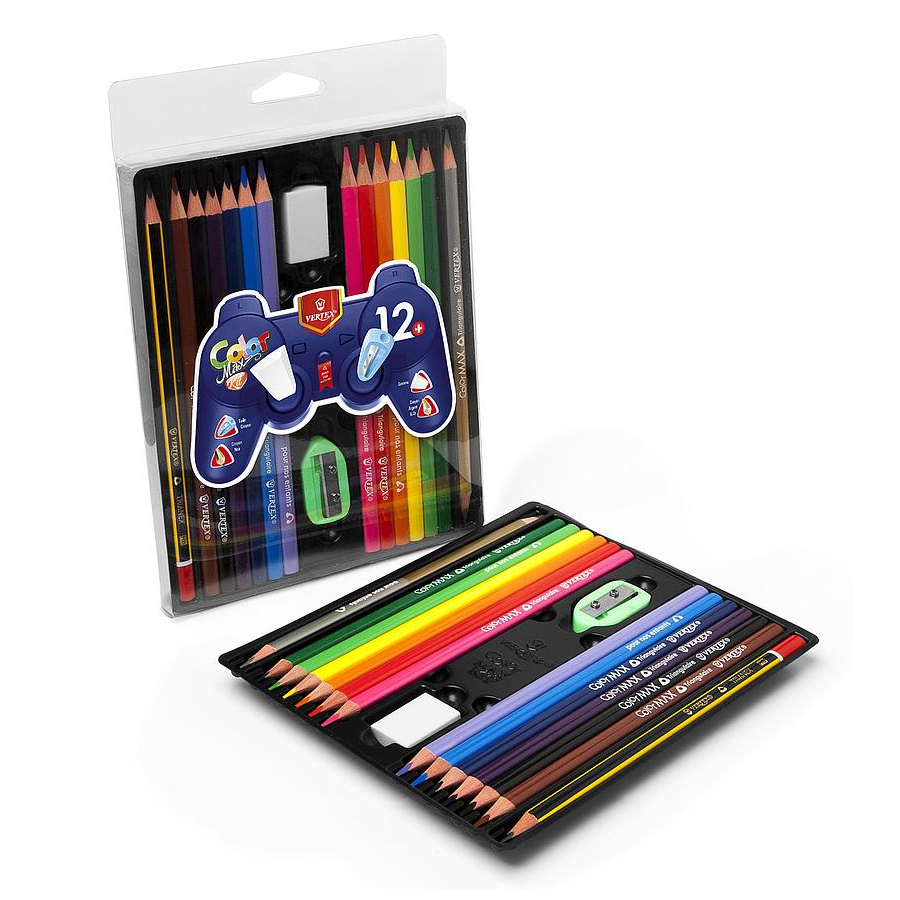 Crayons De Couleur VERTEX Color Max Kit Boite De 12 Avec Gomme Taille Crayon Crayon Noir