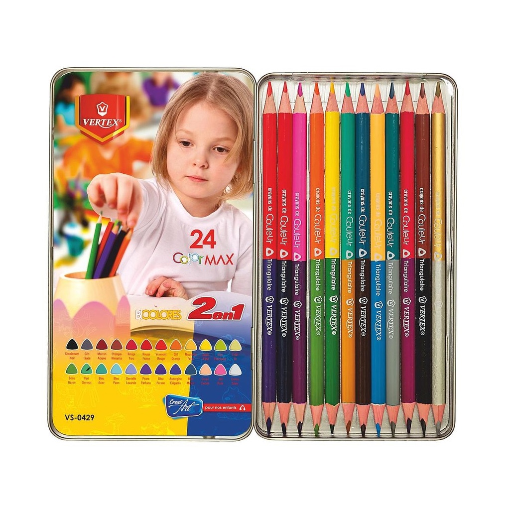 Crayons De Couleur VERTEX Double Tête Boite Métallique De 12