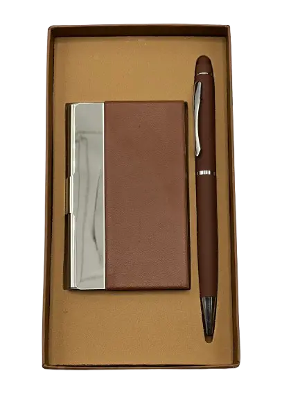 Coffret Emotion RIDEX 2 Pièces Stylo Tactile En Métal Porte Carte Visite Marron