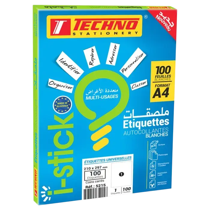 Rame Papier Autocollant TECHNO 100 Feuilles A4 Blanc 
