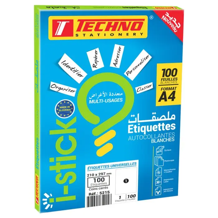 Rame Papier Autocollant TECHNO 100 Feuilles A4 Blanc 
