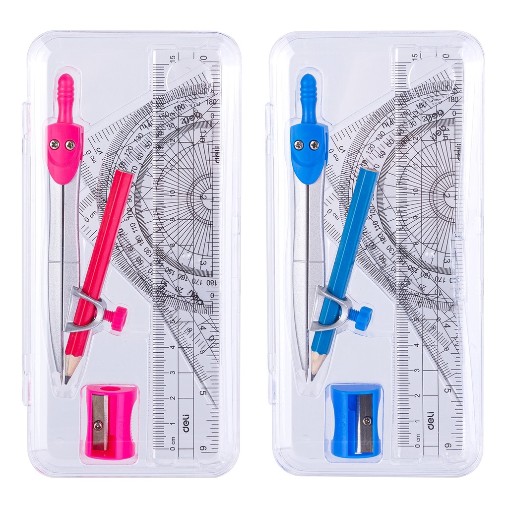 Kit Compas à Bague DELI Uspire de 7 Pièces en Boite PP Bleu et Rose