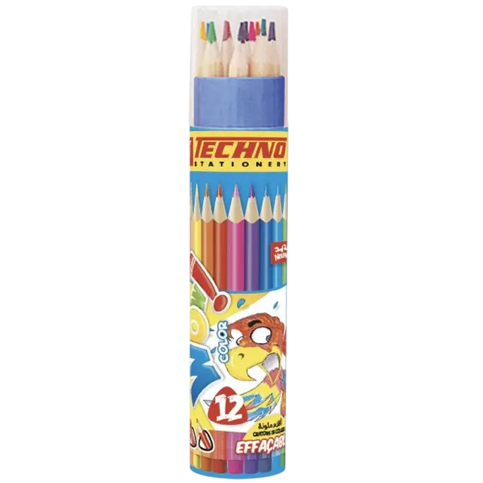 Crayons de Couleur TECHNO Wow Effaçable Boite en Tube de 12