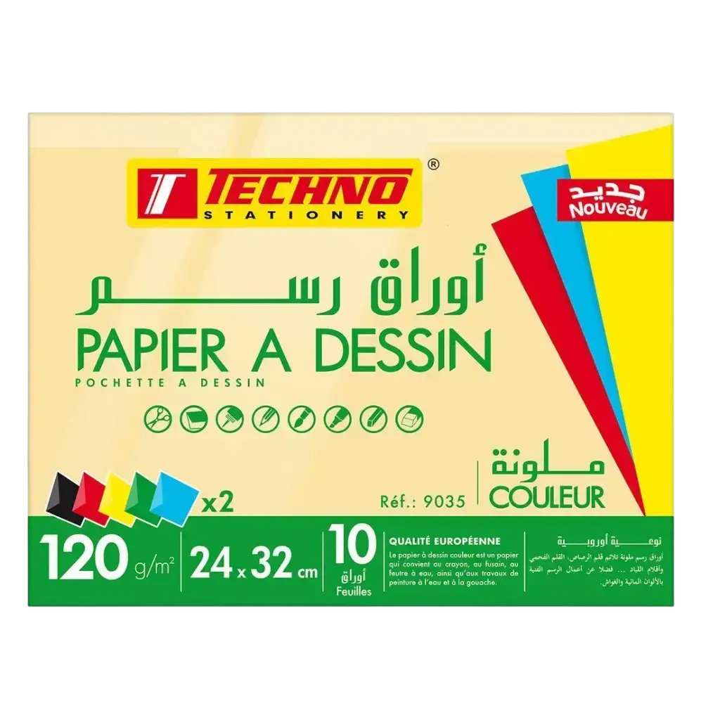 Pochette de Papiers à Dessin TECHNO 10 Feuilles 24x32cm 120g Multi-Couleurs