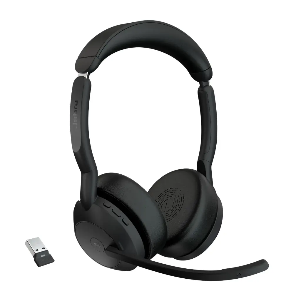 Casque Microphone JABRA Evolve2 55 MS Stereo sans Fil avec Micro Intra-Auriculaires Anti-Bruit et Isolation Acoustique Bluetooth USB-A Noir 