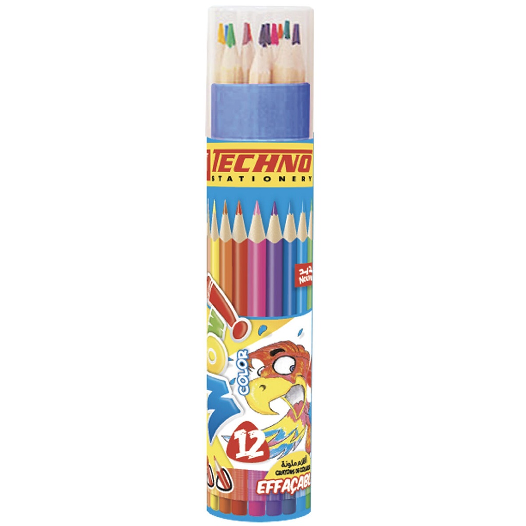 Crayons De Couleur TECHNO Wow Effaçable Boite En Tube De 12