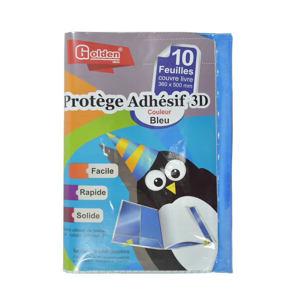 Protège Livre Adhésif GOLDEN 3D Bleu Paquet de 10 PCS