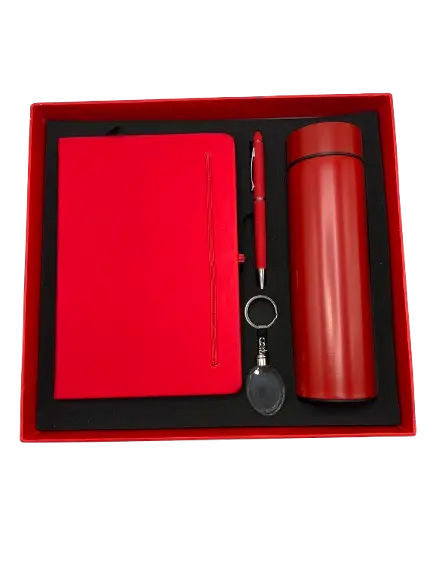 Coffret Luxe RIDEX Design ROUGEOIS 4 Pièces Notebook A5 En PU Shop Isotherme Avec Affichage Digital Stylo En Métal Porte Clé Crystal Rouge