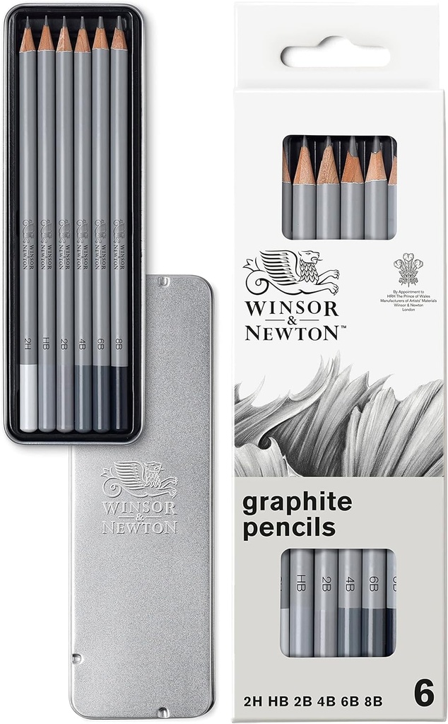 Boite De 6 Crayons Graphite WINSOR & NEWTON 2H, HB, 2B, 4B, 6B et 8B