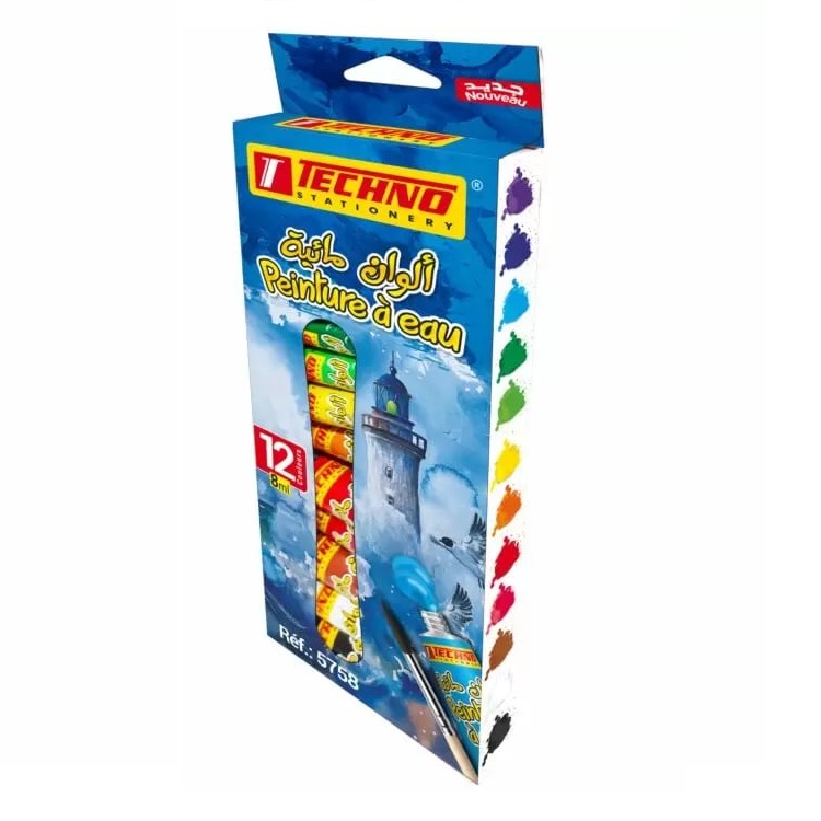 Boite de 08 Couleurs Peinture Aquarelle TECHNO 28mm Pastelles + Pinceau