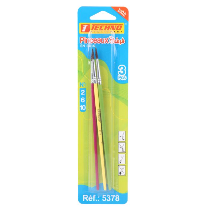Pinceau Écolier TECHNO N°2-6-10 Pochette de 3 PCS sous Blister