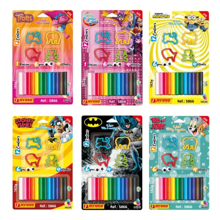 Pâte à Modeler TECHNO 12 Couleurs Avec 4 Moules et 6 Yeux