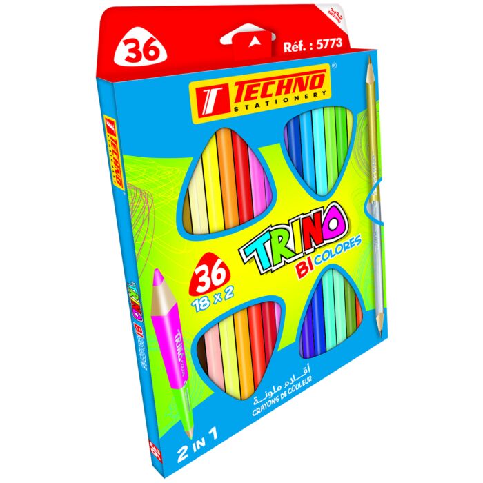 Crayons De Couleur TECHNO Trino Bicolore Double Tête Boite De 36