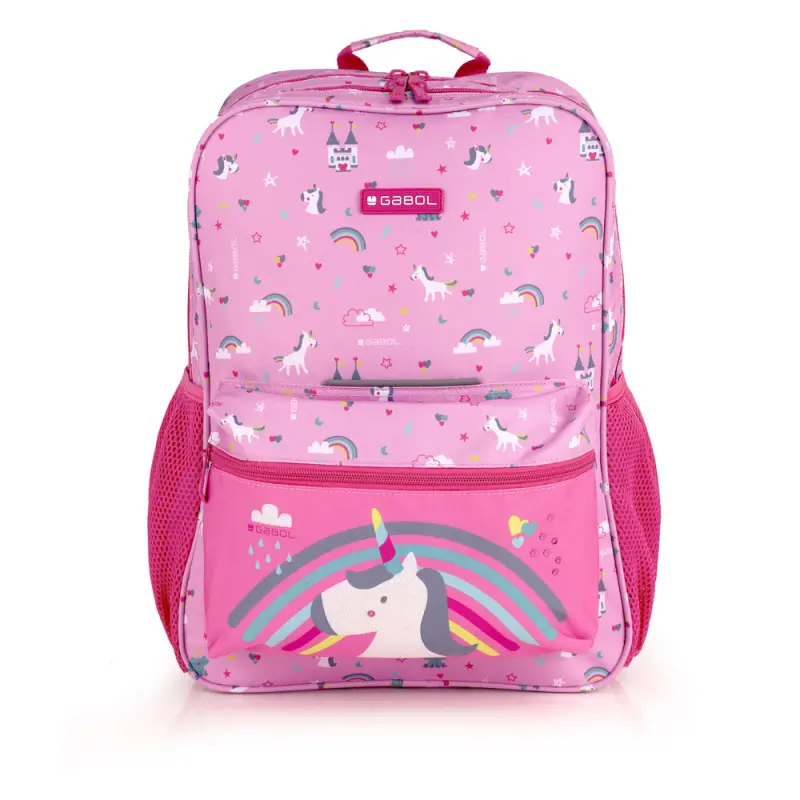 Sac a Dos Scolaire GABOL Rainbow Motif Unicorne Pochette Carré Rose
