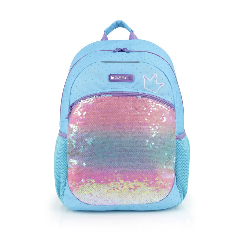 Sac a Dos Scolaire GABOL Fantasy Motif Couronne PM 1 Compartiment Poche Externe à Paillettes Bleu Claire