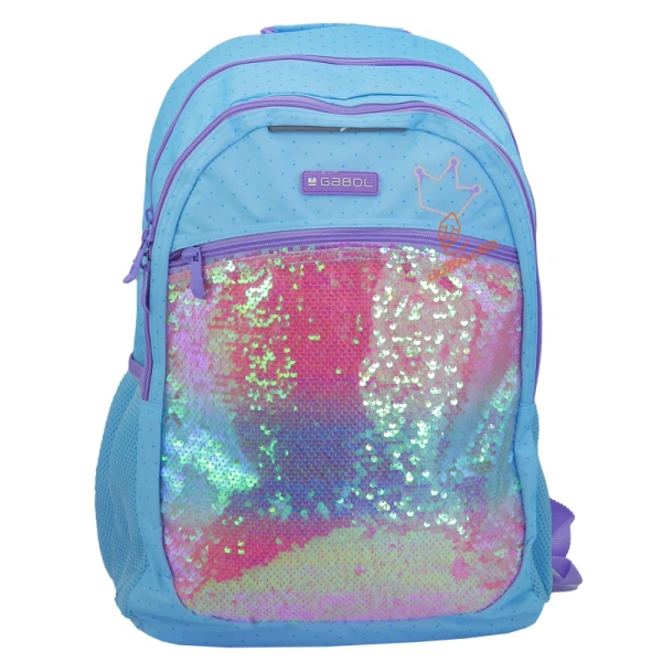 Sac a Dos Scolaire GABOL Fantasy Motif Couronne MM 2 Compartiments Poche Externe à Paillettes Bleu Claire