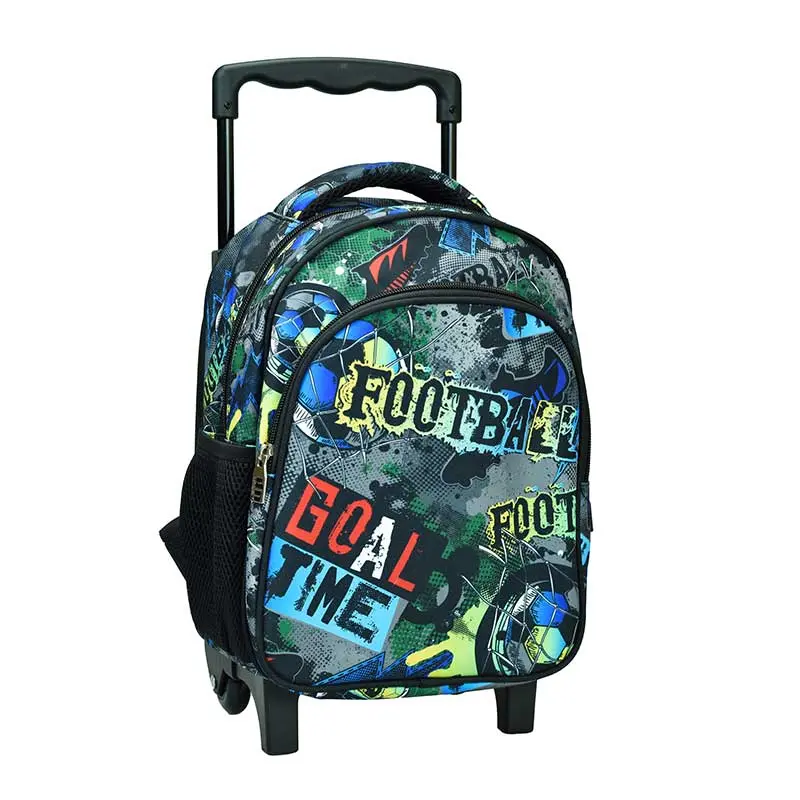 Sac à Dos Scolaire à Roulette GIM Black  Football avec 1 compartiment zipe et 1 Poche zip et 2 Poches Latérales Noir