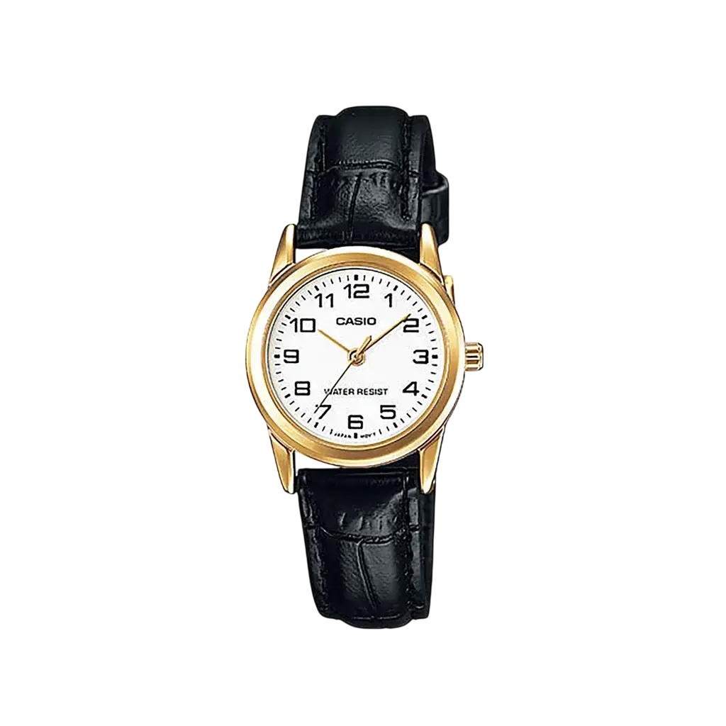Montre CASIO Analogique Unisex Noir avec Bracelet en Cuir et Cadran en Métal Doré 