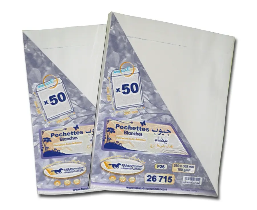 Pochette de 50 Enveloppe FARAS F26 Blanc Auto Adhésive 280x365mm 