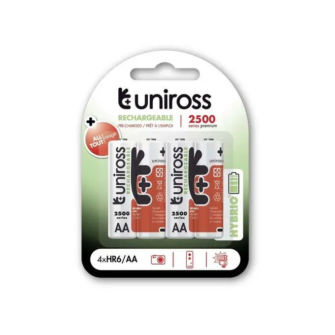 Jeu de 4 Piles UNIROSS Hybrio Rechargeable AA 2500 mAh