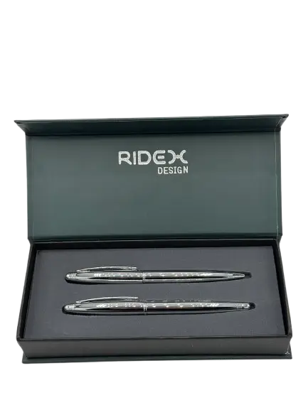 PARURE DE 2 STYLOS METAL LUXE  ROLLER&A BILLE RIDEX SILVER AVEC  BOITE RIDEX 