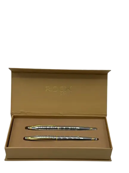 PARURE DE 2 STYLOS METAL LUXE  ROLLER&A BILLE RIDEX SILVER&DORE  AVEC BOITE RIDEX 