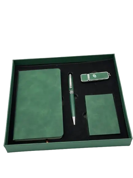 Coffret Notebook Golden 4 Pieces avec Notebook Stylo Port Carte Visite Flash Disque 8G Vert