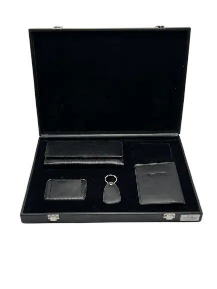 Coffret 5 Pièces Porte Feuilles Femme Porte Passeport Porte Clé Porte Cartes Crédit 2 Volets Miroir Noir 