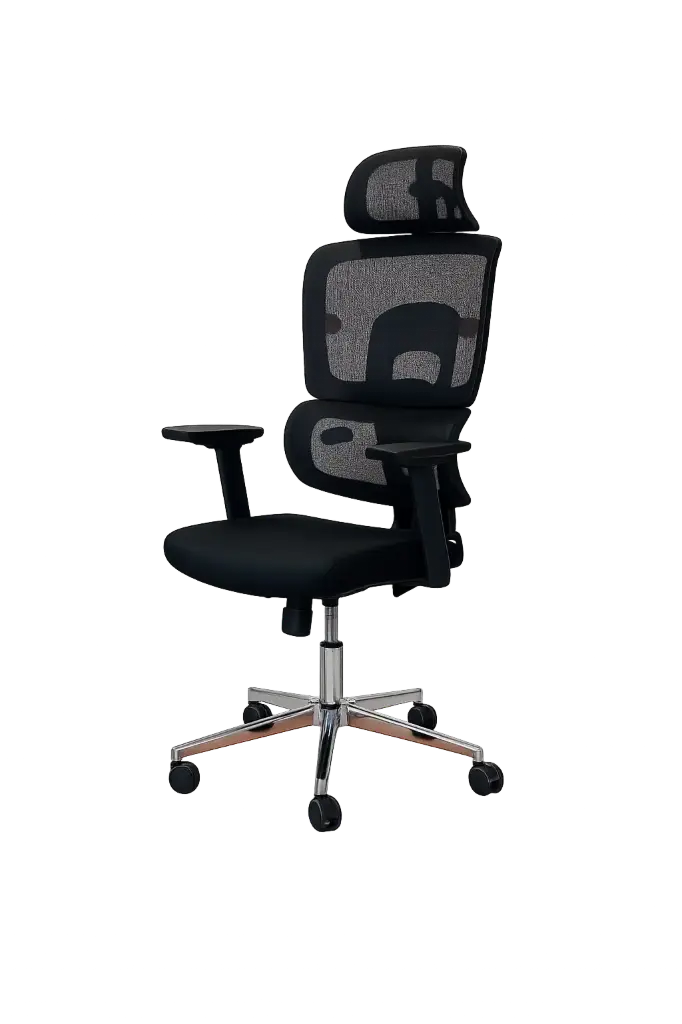 Chaise Directionnelle Filet avec Accoudoirs en Plastique Noir et Repose Tête Piétement Métallique Chromé 