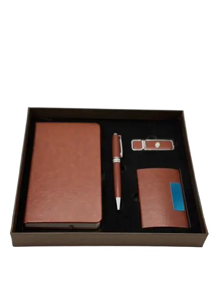 Coffret Notebook Golden 4 Pieces avec Notebook Stylo Port Carte Visite Flash Disque 8G Marron