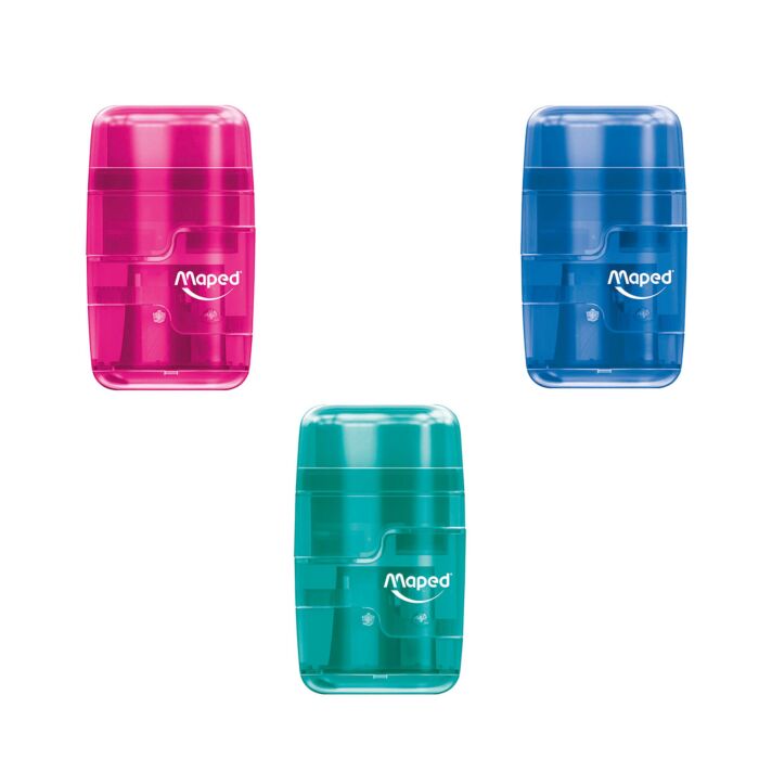Taille Crayon Scolaire MAPED Connect 2Trous avec Réservoir en Plastique Multi-Couleurs Translucides