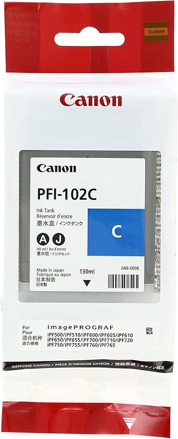 Cartouche D'encre CANON PFI-102C Cyan Pour imprimantes iPF500 iPF510 IPF600 iPF605 iPF610 iPF610 Plus iPF650 iPF655 iPF700 iPF710 iPF720 iPF750 iPF755 iPF760 MFP M40 LP17 LP24
