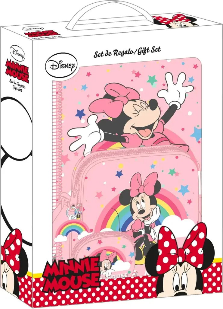 Coffret Cadeau SAFTA Disney Minnie Mouse Rainbow Small Rose 3 Pièces Carnet à Spiral Et 2 Trousses Motif Minnie Mouse Rainbow En Polyester Rose