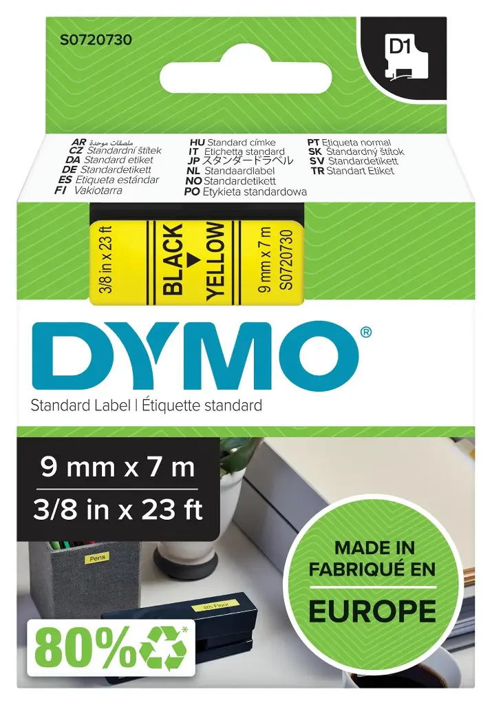 Recharge DYMO D1 pour Label Manager 100+/150    9mmx7m Noir Sur Jaune